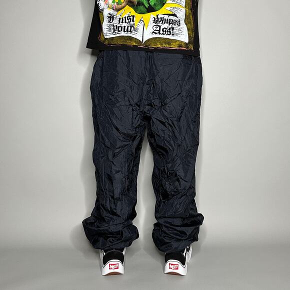 Vintage 90s Track Pants Mens XL Baggy Jet Black Nylon Joggers Elastic Cuffs - Picture 3 of 4